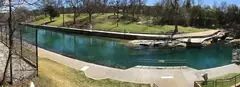 The clear green water of Barton Springs Pool in Austin with the lawn and trees along its bank