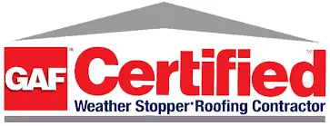 GAF Certified Weather Stopper Roofing Contractor badge with a gray roofline