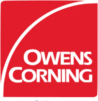 Owens Corning logo, white text and a swoosh on a red rounded square