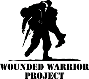 Wounded Warrior Project logo, a black silhouette of one soldier carrying another